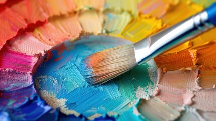 Fototapeta premium Vibrant color palette with a paintbrush, showcasing an array of hues and artistic creativity in a studio environment.