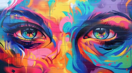 Vibrant mural art featuring expressive eyes with colorful patterns, showcasing creativity and urban culture.