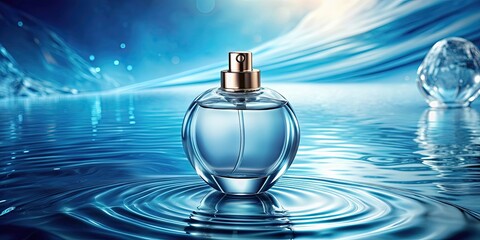 glass cosmetic perfume bottle floating in clear blue water, fragrance, beauty, skincare, luxury, product,glass, container