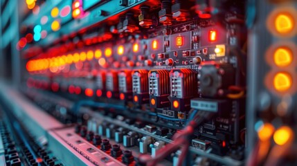 Obraz premium The electric wire behind the control board with lighting effect,Industrial Electrical Concept.