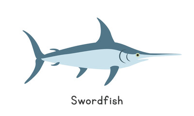 Swordfish vector illustration. Cute swordfish cartoon clipart, animal in flat style. Sea animals, underwater creatures, ocean animals, marine life concept. Swordfish vector design isolated on white
