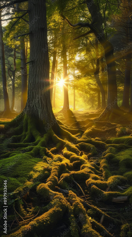 Poster sunlight filtering through forest with moss-covered roots, natural serene atmosphere. nature and tra