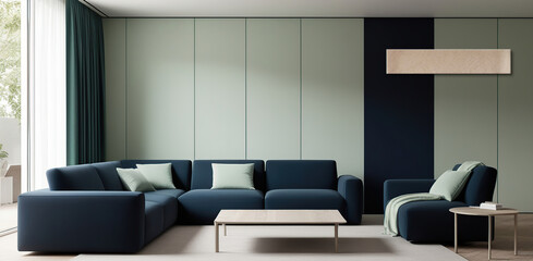 A serene and understated living room concept design that exudes comfort, featuring a harmonious blend of soft pastel green walls and dark blue accents