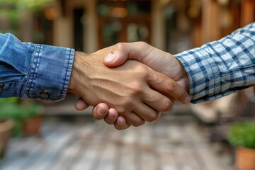 Two people shaking hands, symbolizing agreement, partnership, and collaboration in a professional setting.