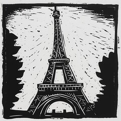 Dramatic Monochrome Linocut of Iconic Eiffel Tower Landmark in Paris  France