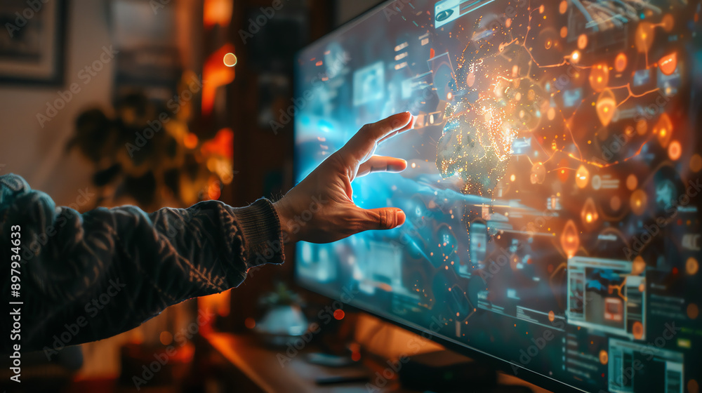 Poster person interacting with data visualization on large monitor