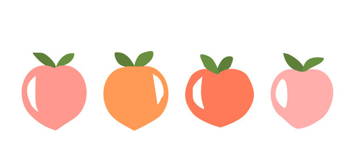 Set of Peach fruit, apricot with green leaves icon sign isolated on white background vector.