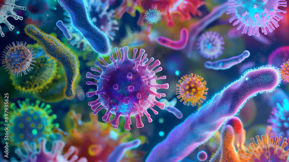 Poster close-up of various colorful bacteria and viruses under a microscope.