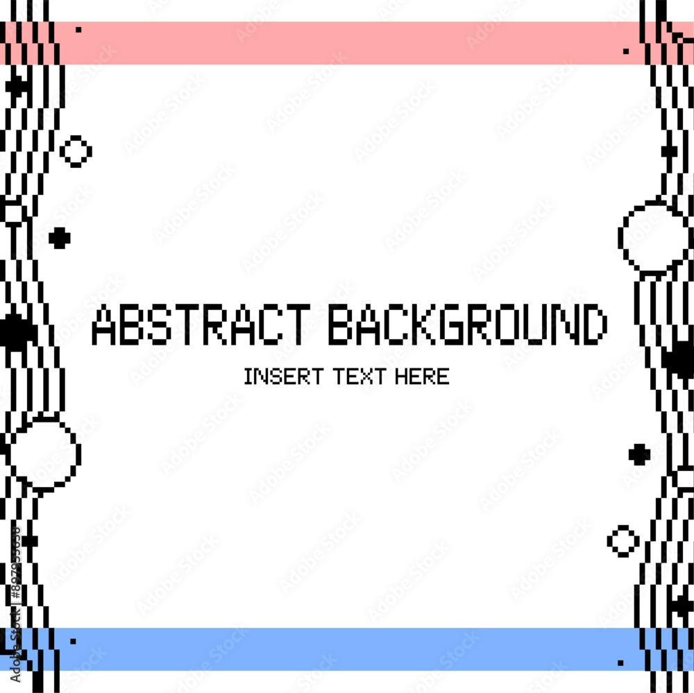 Poster pixel art wavy lines and circles frame template with red and blue bar on white background