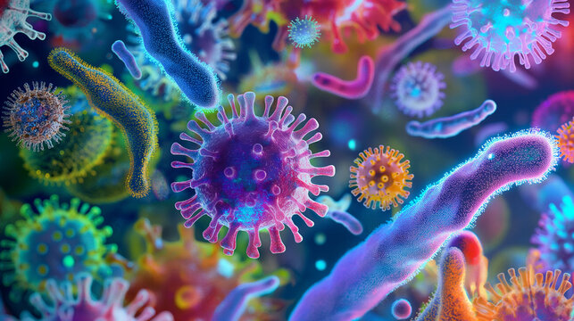 Close-up of various colorful bacteria and viruses under a microscope.

