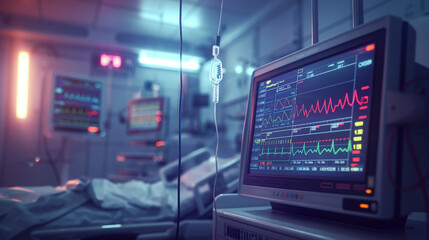Obraz premium A medical monitor displaying vital signs in a hospital room with a blurred bed in the background.