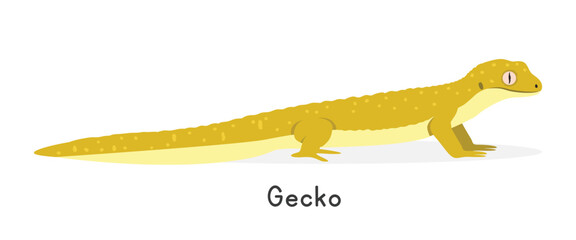 Gecko vector illustration, cartoon clipart character, animal in flat style. Wild animals, wild creatures, wildlife concept. Yellow gecko vector design isolated on white background