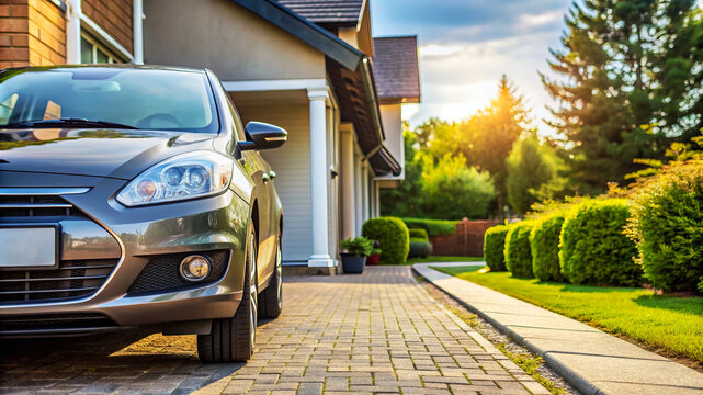 Car parked in front of house driveway.