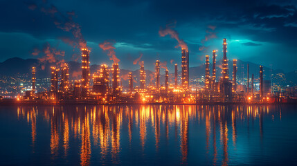 Banner Oil refinery gas petrol plant industry with crude tank, gasoline supply and chemical factory. Petroleum barrel fuel heavy industry oil refinery manufacturing factory plant. Refinery industry