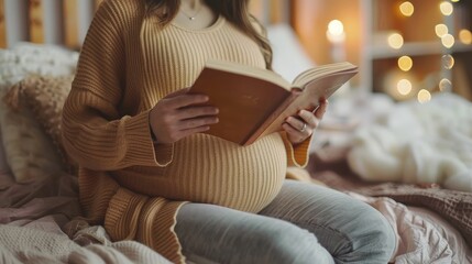 Pregnant woman in cozy sweater reading book at home with warm lighting