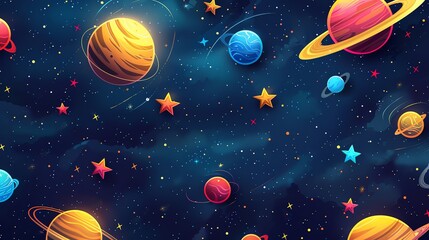 Cartoon Planets and Stars in Space.