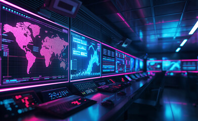 A high-tech command center with digital maps and data displays.