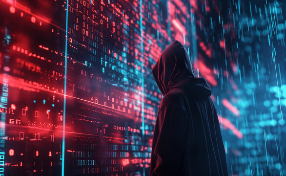 A hooded figure with binary code and red digital effects representing hacking and cybersecurity.