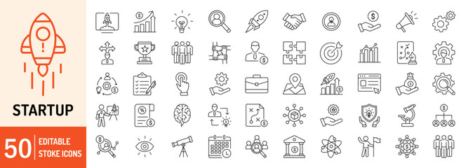 Startup editable stroke outline web icons set. Startup, project, idea, business, brainstorm, contract, innovation, investment, funding, plan and shareholder. Vector illustration
