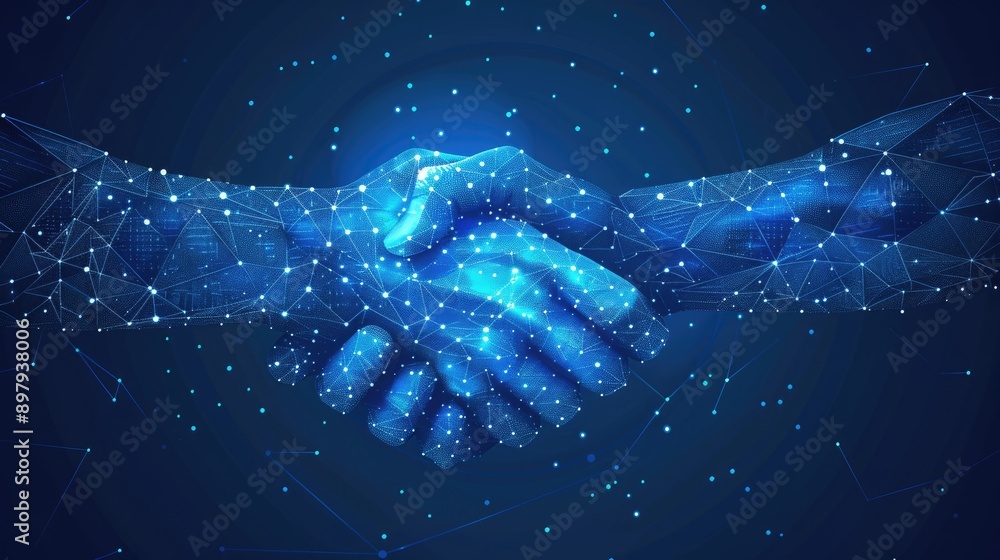 Poster blue tech background with an abstract digital handshake formed by geometric shapes, symbolizing mode