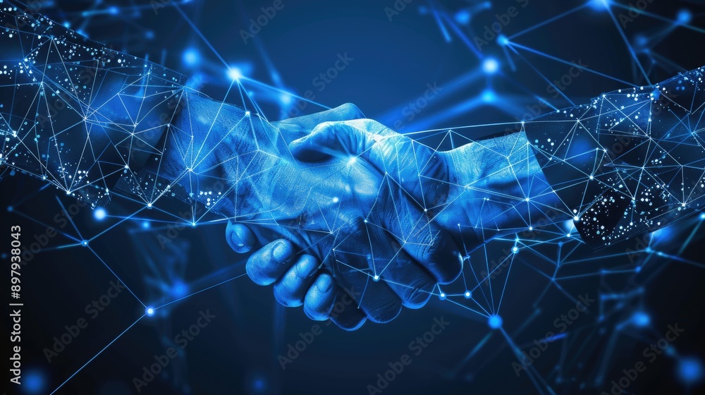 Poster digital handshake of two hands formed by geometric shapes on a blue tech background, symbolizing mod