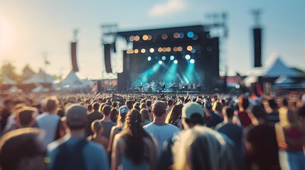 Naklejka premium Blurred Crowd at Vibrant Music Festival in Urban Cityscape
