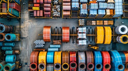 Aerial view of colorful steel coils in a factory.