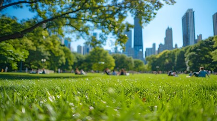 Fototapeta premium Blurred Urban Park Scenery with Lush Greenery and Tranquil Atmosphere