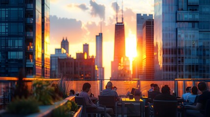 Obraz premium Scenic Rooftop Terrace with Blurred Chicago Skyline at Sunset