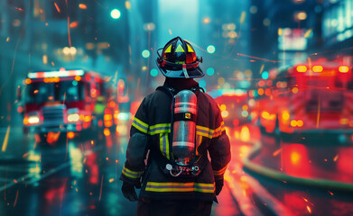 A firefighter in full gear stands in a city street with fire trucks and lights in the background.