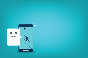 Broken smartphone with sad smile notification. Broken phone service, recovery and repair concept.	