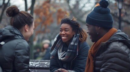 Fototapeta premium Friends Chatting on Park Bench in Autumnal City Setting