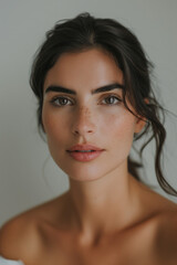 Fototapeta premium Elegant head and shoulders portrait of a woman with freckles