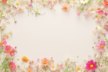 Fototapeta premium Blank paper mock up with a mix of flowers scattered around the edges, creating a lively and colorful border with generous copy space.