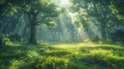 Obraz premium Serene Greenery and Sunlight Through the Forest