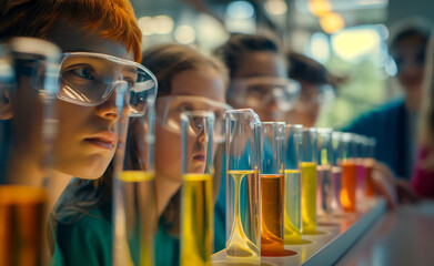 Group of students wearing safety goggles during a science experiment.