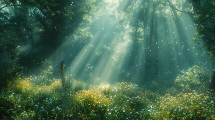 Fresh Green Landscape with Sunlight Through Trees