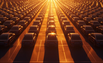 Obraz premium Rows of parked cars at sunset with a golden glow.