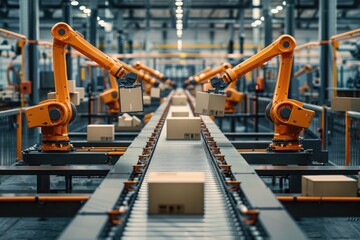 High-tech factory with automated orange robotic arms and carton boxes on conveyor belt