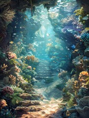 Obraz premium Whimsical Underwater Adventure - Enchanting Coral Reef with Colorful Marine Life in a Magical Children's Book Illustration