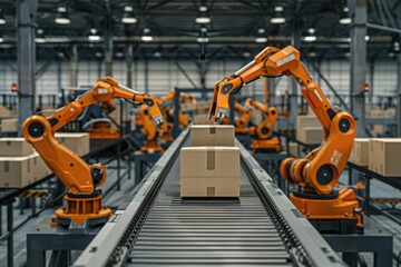 Conveyor belt transporting carton boxes with orange robotic arms in factory