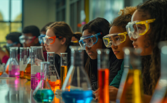 Group of students wearing safety goggles during a science experiment.