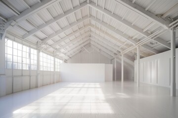 Empty modern white warehouse with a spacious interior and clean white background