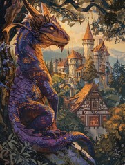 Fototapeta premium Enchanting Dragon in a Whimsical Fairytale Forest with Magical Castle - Perfect for Children's Book Illustrations