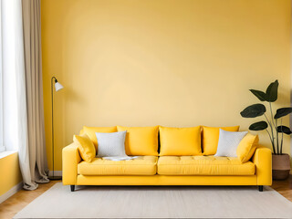 Yellow sofa with pillow on the floor in yellow living room. minimal style concept