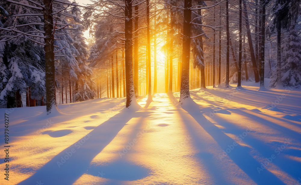 Poster sunlight casting long shadows through snowy trees in a winter forest.