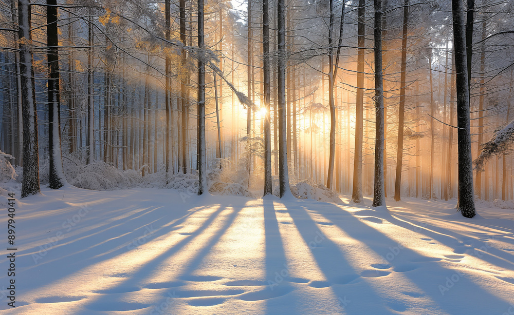 Poster sunlight casting long shadows through snowy trees in a winter forest.