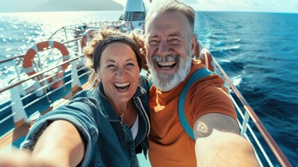 A middle-aged couple captures a selfie on the deck of a cruiser ship, their faces full of joy and excitement as they document their travel adventure. The ocean glistens in the background.