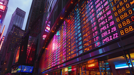 Illuminated Stock Ticker Display in New York City at Night