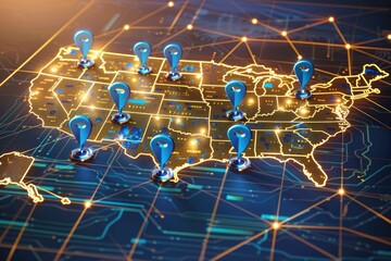 A golden digital map of the USA featuring blue location pin icons on a futuristic background, emphasizing the concept of national connectivity.